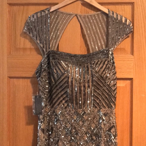 ADRIANNA PAPELL gown taupe silver sequin NWT 4 - Picture 2 of 8